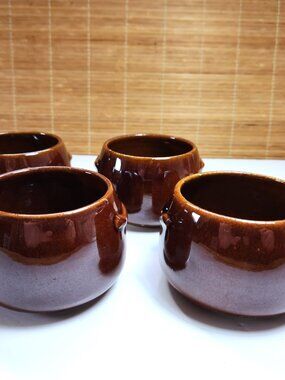 Westbend Stoneware Bean Bowls Set of 4 Brown Drip Glaze 12 oz Vintage 1960s